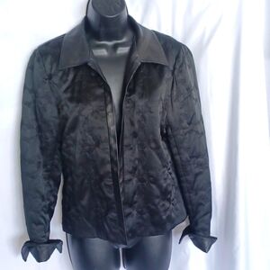 Blue Ice Vintage Silk Jacket Black, faux leather trim, sz 6